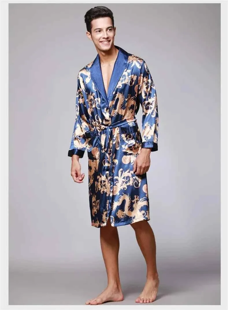 Kimono-Bademantel aus Seidensatin für Herren mit goldenem Drachenmotiv, knielang