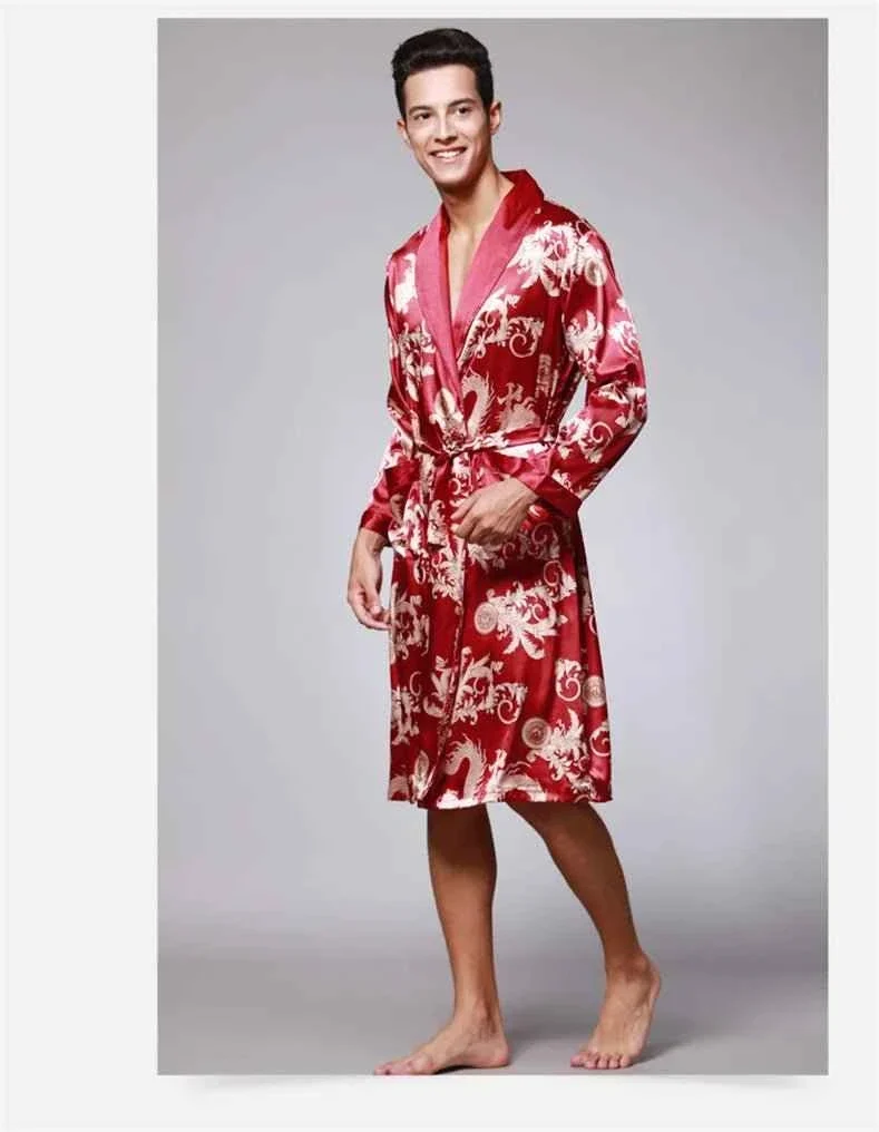 Kimono-Bademantel aus Seidensatin für Herren mit goldenem Drachenmotiv, knielang