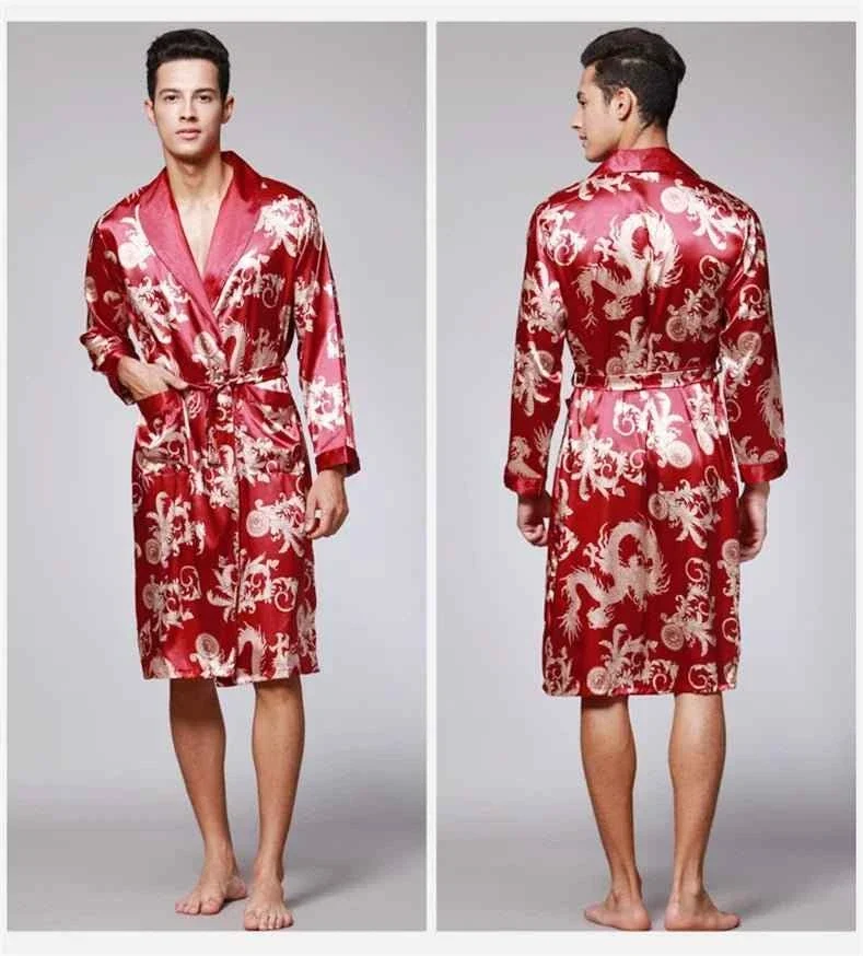 Kimono-Bademantel aus Seidensatin für Herren mit goldenem Drachenmotiv, knielang