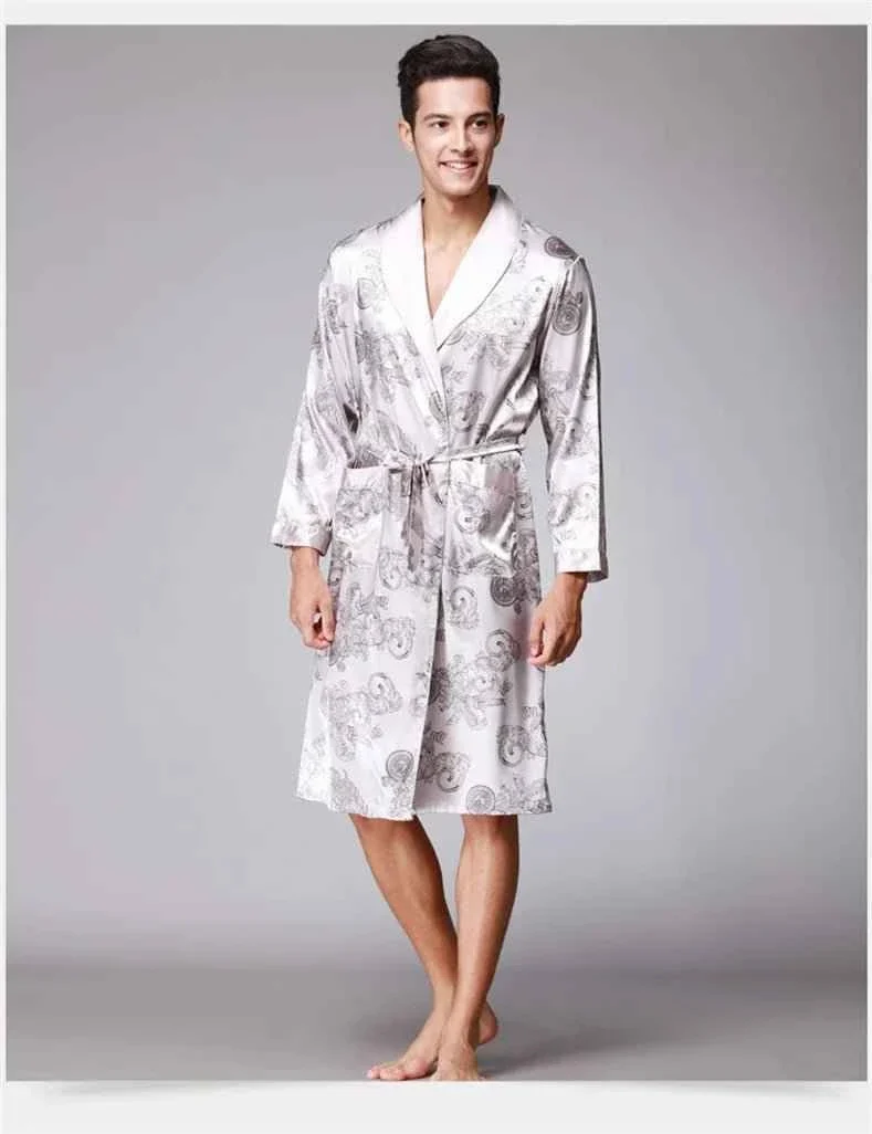 Kimono-Bademantel aus Seidensatin für Herren mit goldenem Drachenmotiv, knielang