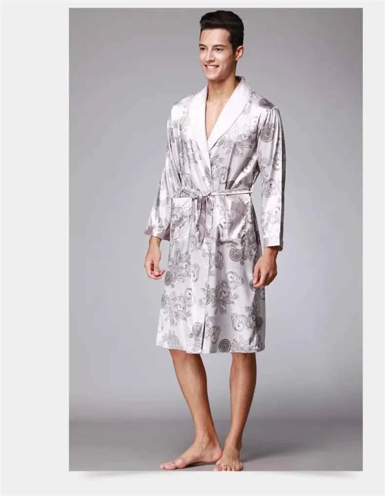 Kimono-Bademantel aus Seidensatin für Herren mit goldenem Drachenmotiv, knielang