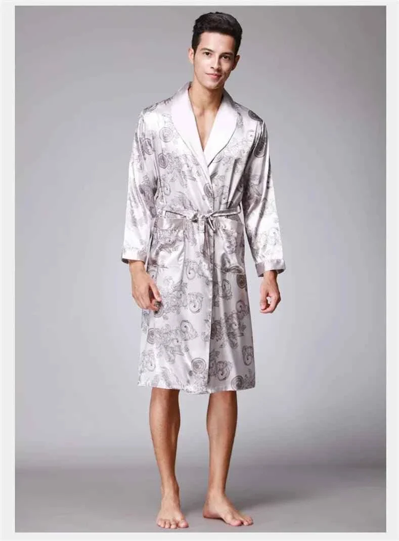 Kimono-Bademantel aus Seidensatin für Herren mit goldenem Drachenmotiv, knielang