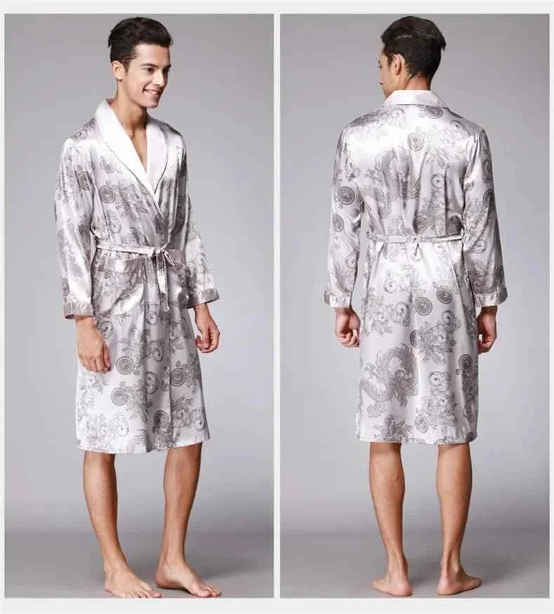 Kimono-Bademantel aus Seidensatin für Herren mit goldenem Drachenmotiv, knielang