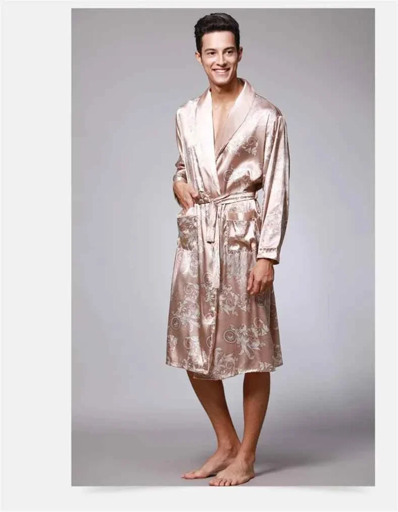 Kimono-Bademantel aus Seidensatin für Herren mit goldenem Drachenmotiv, knielang