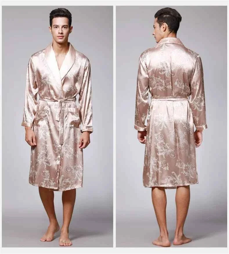 Kimono-Bademantel aus Seidensatin für Herren mit goldenem Drachenmotiv, knielang