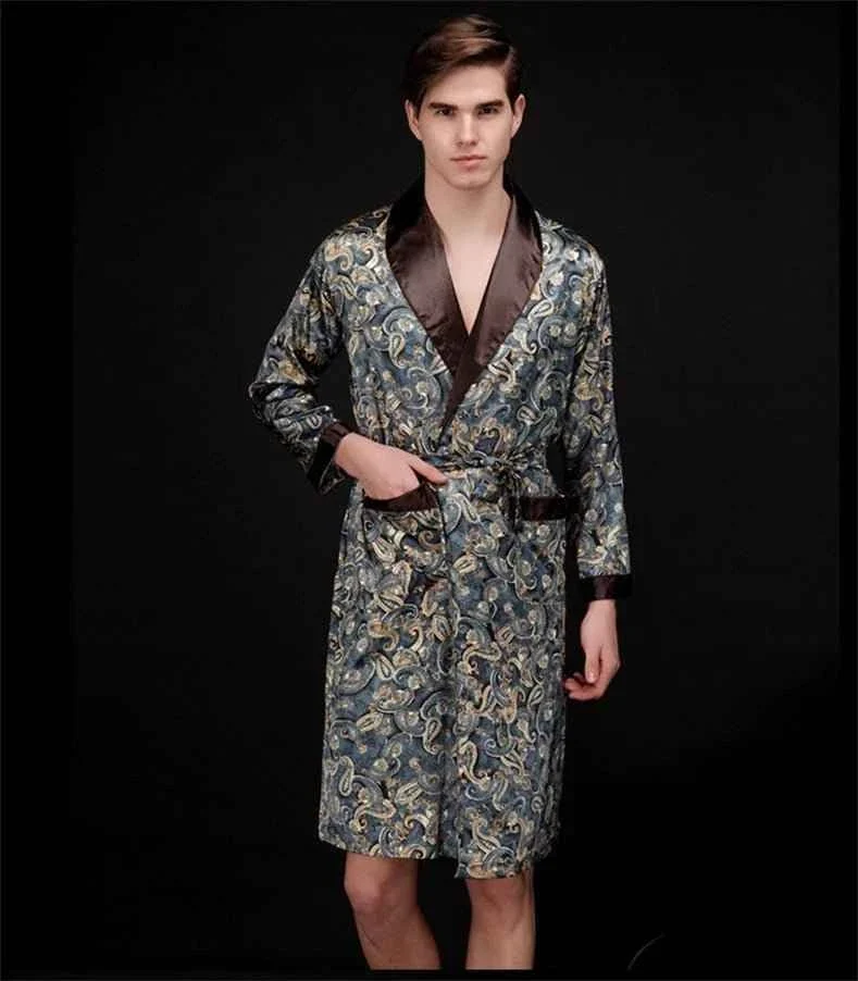 Kimono-Bademantel aus Seidensatin für Herren mit goldenem Drachenmotiv, knielang