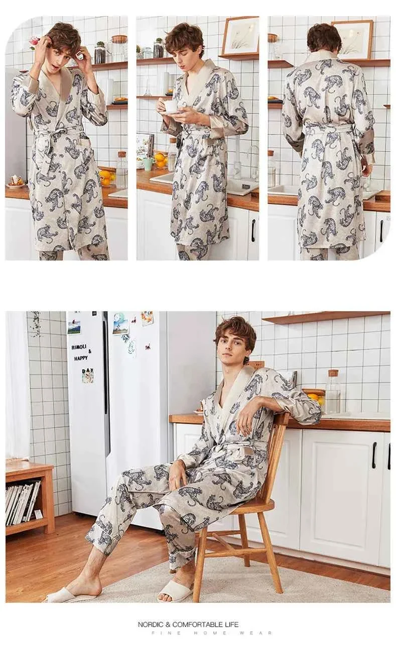 Kimono-Bademantel aus Seidensatin für Herren mit goldenem Drachenmotiv, knielang