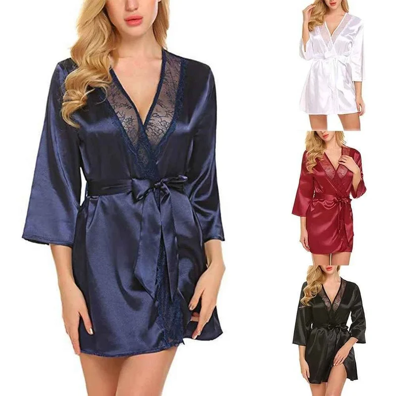 Satin-Kimono-Bademantel für Damen mit Spitze – Braut-Hochzeits-Wickelnachthemd/Pyjama
