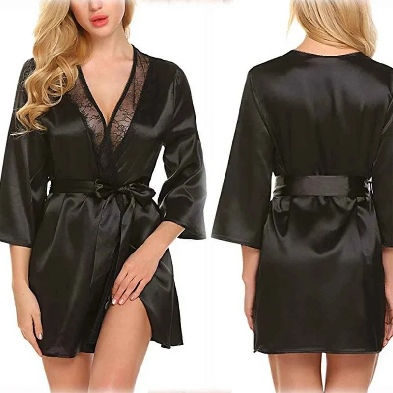 Satin-Kimono-Bademantel für Damen mit Spitze – Braut-Hochzeits-Wickelnachthemd/Pyjama