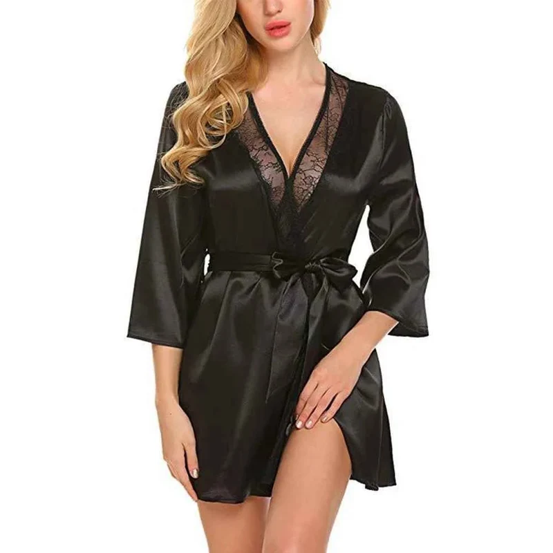 Satin-Kimono-Bademantel für Damen mit Spitze – Braut-Hochzeits-Wickelnachthemd/Pyjama