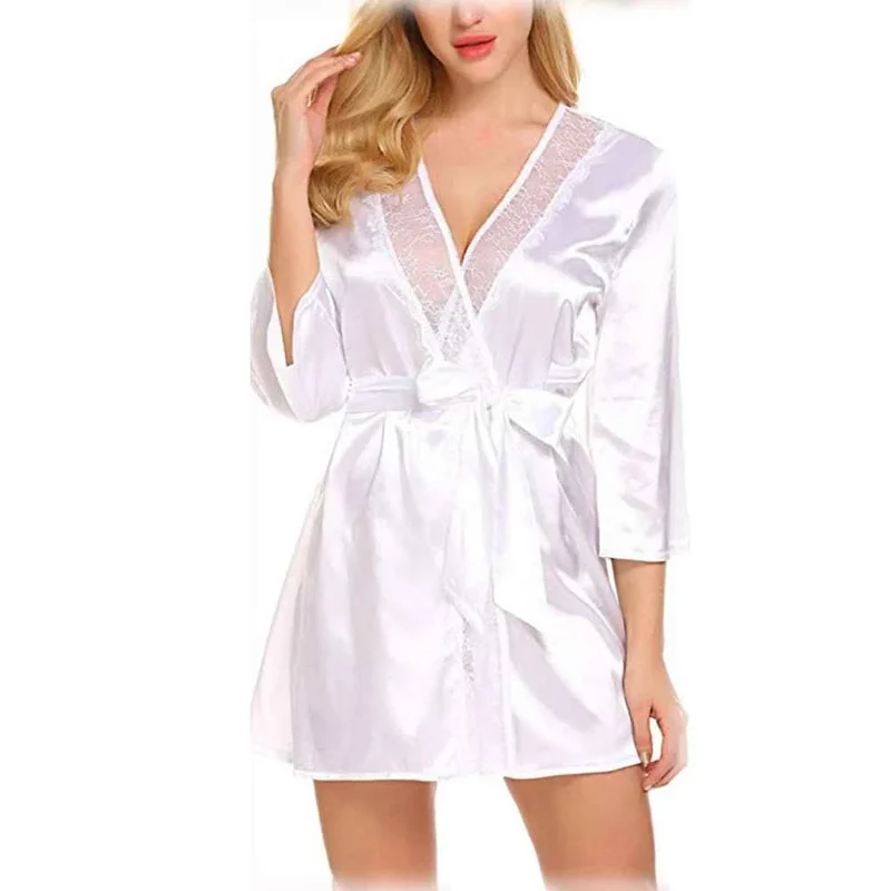 Satin-Kimono-Bademantel für Damen mit Spitze – Braut-Hochzeits-Wickelnachthemd/Pyjama