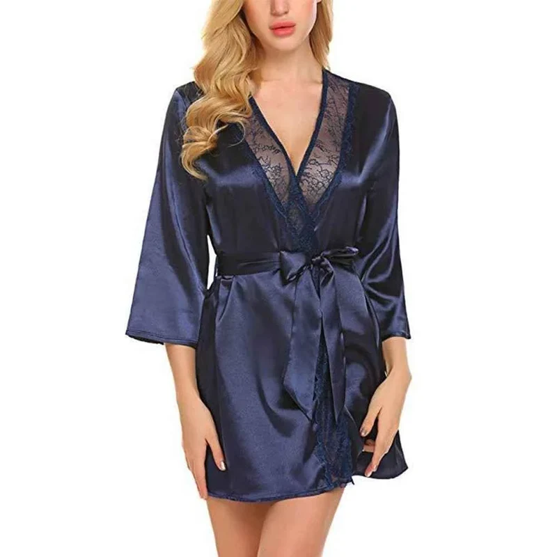 Satin-Kimono-Bademantel für Damen mit Spitze – Braut-Hochzeits-Wickelnachthemd/Pyjama