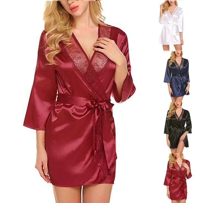 Satin-Kimono-Bademantel für Damen mit Spitze – Braut-Hochzeits-Wickelnachthemd/Pyjama