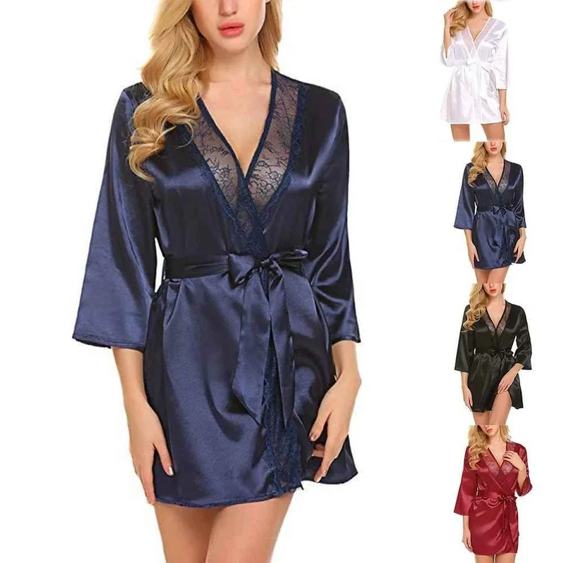 Satin-Kimono-Bademantel für Damen mit Spitze – Braut-Hochzeits-Wickelnachthemd/Pyjama