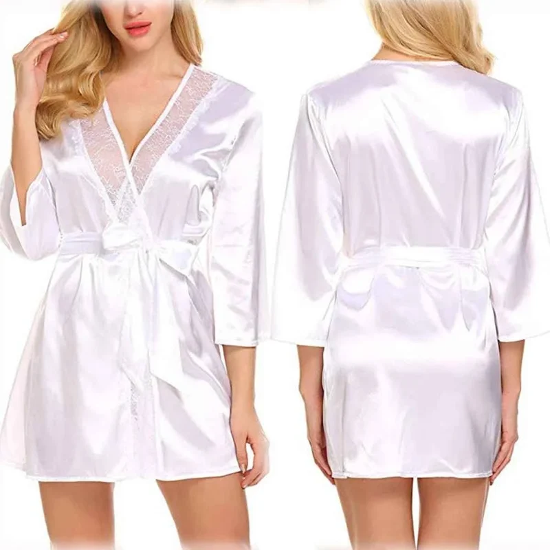 Satin-Kimono-Bademantel für Damen mit Spitze – Braut-Hochzeits-Wickelnachthemd/Pyjama