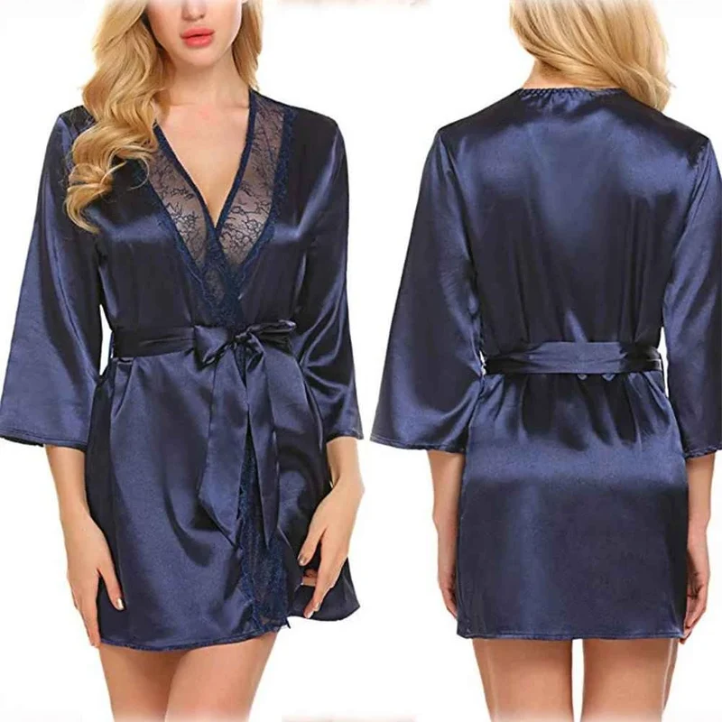 Satin-Kimono-Bademantel für Damen mit Spitze – Braut-Hochzeits-Wickelnachthemd/Pyjama