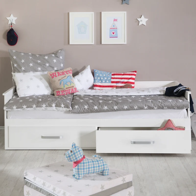 Tagesbett "Moritz" – zum Doppelbett ausziehbare, weiß, 2 Schubladen, Gästebett im Kinderzimmer