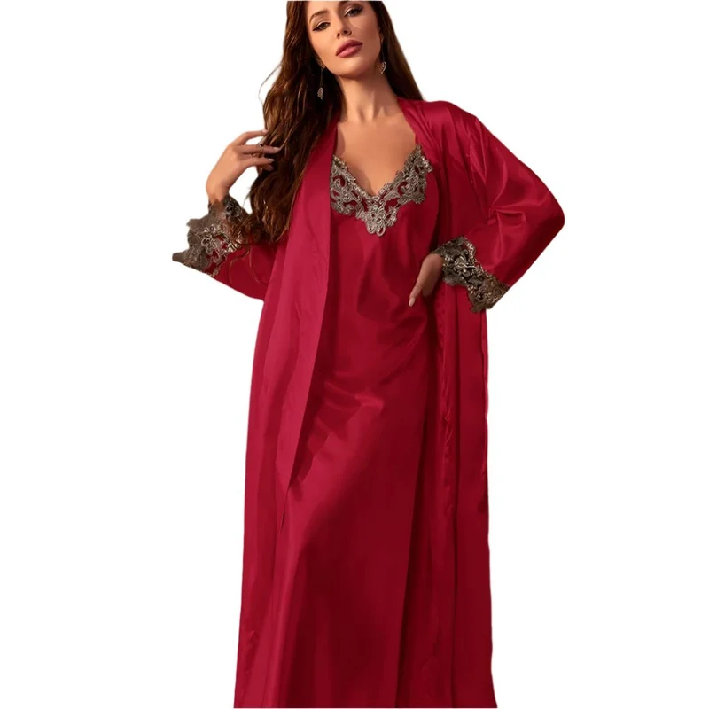 Langes Twinset-Bademantel-Set mit Spitzenbesatz am Nachthemd – Elegante Satin-Hauskleidung