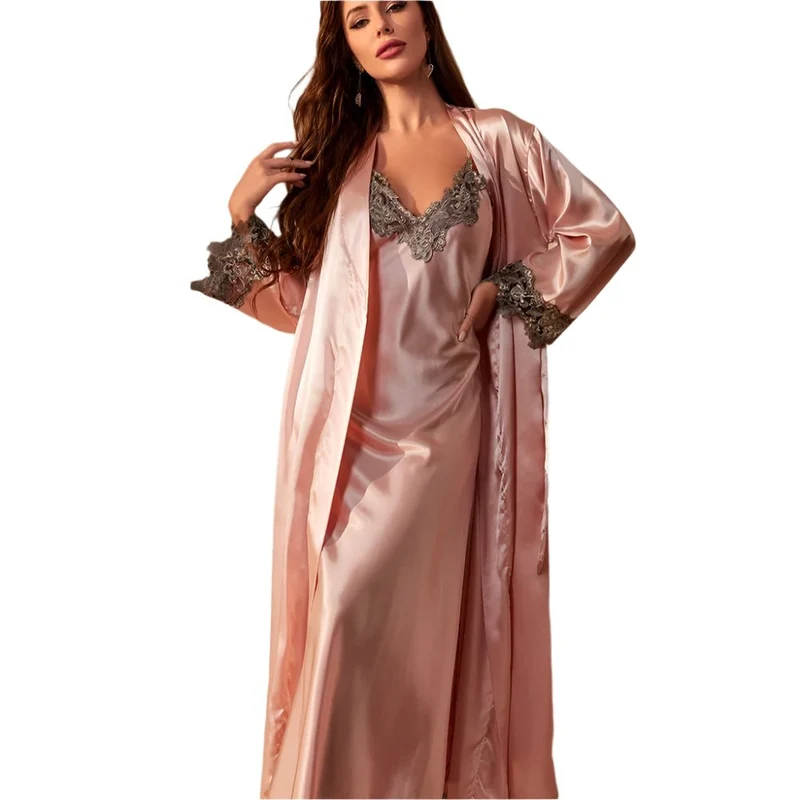 Langes Twinset-Bademantel-Set mit Spitzenbesatz am Nachthemd – Elegante Satin-Hauskleidung