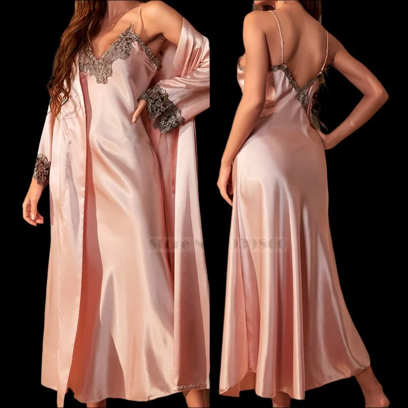 Langes Twinset-Bademantel-Set mit Spitzenbesatz am Nachthemd – Elegante Satin-Hauskleidung