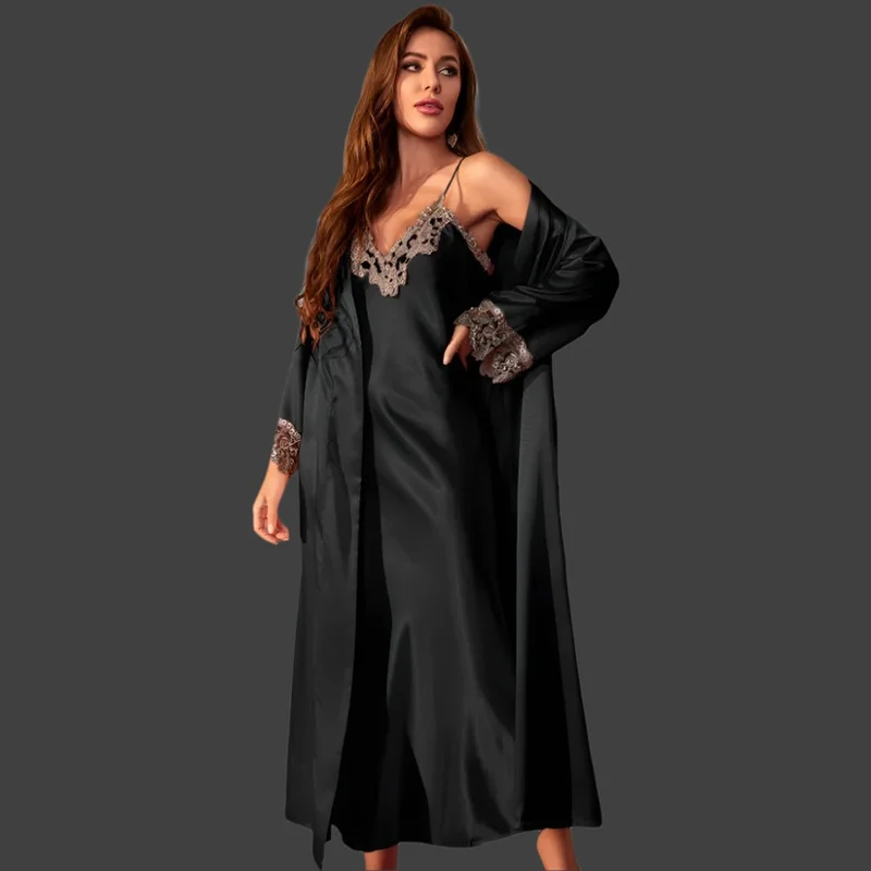 Langes Twinset-Bademantel-Set mit Spitzenbesatz am Nachthemd – Elegante Satin-Hauskleidung