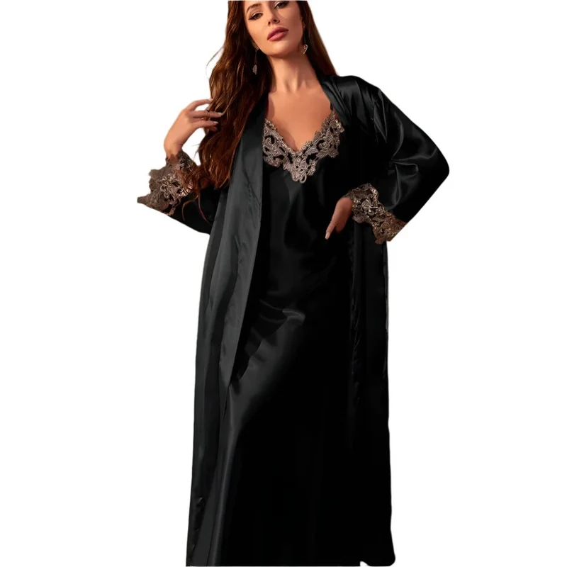 Langes Twinset-Bademantel-Set mit Spitzenbesatz am Nachthemd – Elegante Satin-Hauskleidung