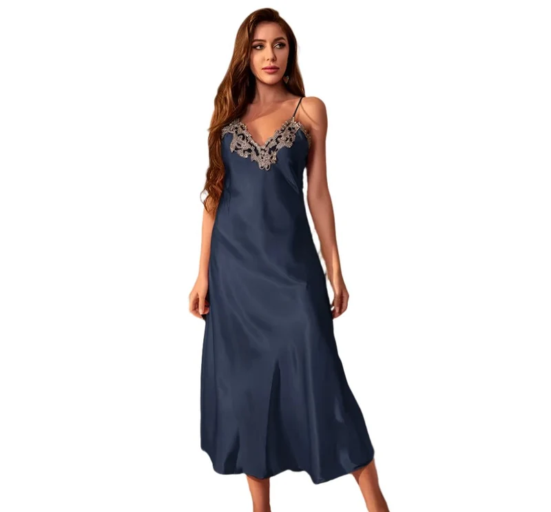 Langes Twinset-Bademantel-Set mit Spitzenbesatz am Nachthemd – Elegante Satin-Hauskleidung