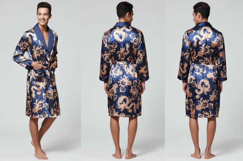 Herren-Pyjama-Set aus Satin: Langarmhemd und Hose aus Eisseide, Bademantel mit Tasche