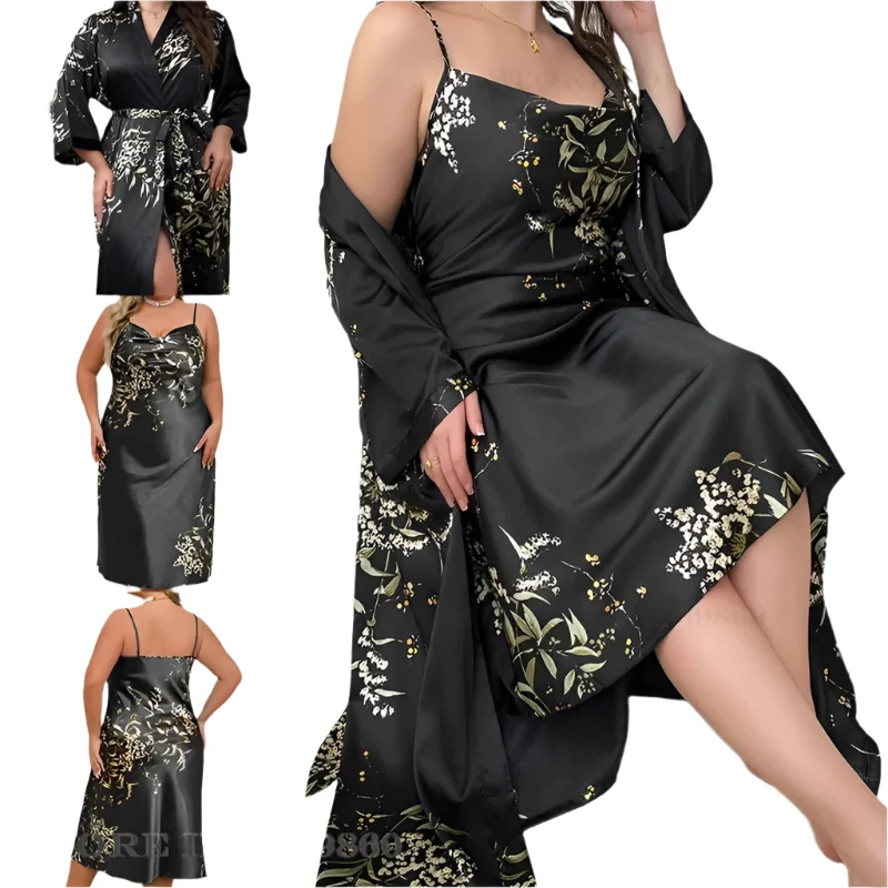 Damen-Bademantel-Set in Übergröße, 1- oder 2-teilig, langer Kimono-Bademantel/Nachthemd, Größen 3XL, 5XL