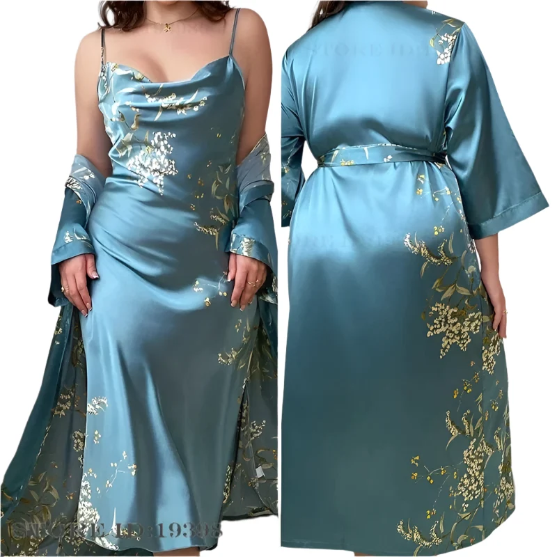 Damen-Bademantel-Set in Übergröße, 1- oder 2-teilig, langer Kimono-Bademantel/Nachthemd, Größen 3XL, 5XL