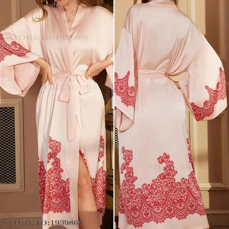 Satin-Bademantel in Übergröße, Kimono-Bademantel mit Blumenmuster