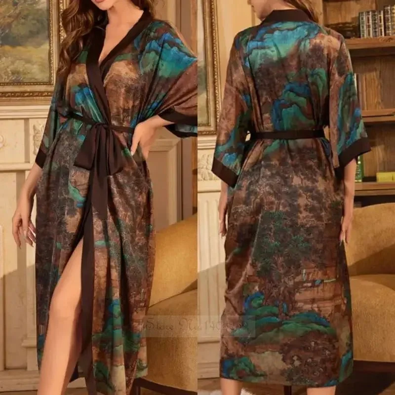 Satin-Bademantel in Übergröße, Kimono-Bademantel mit Blumenmuster