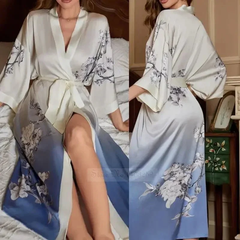 Satin-Bademantel in Übergröße, Kimono-Bademantel mit Blumenmuster