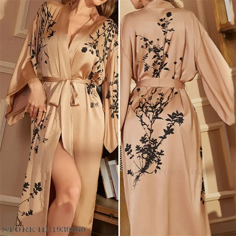 Satin-Bademantel in Übergröße, Kimono-Bademantel mit Blumenmuster