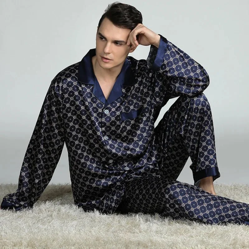Pyjama-Set für Herren in Übergröße, 2-teilig, langärmelig, locker geschnitten, bedruckt, aus Seidensatin, Loungewear