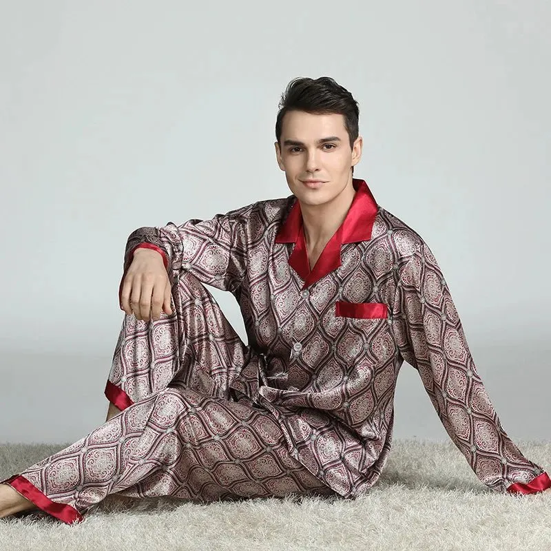 Pyjama-Set für Herren in Übergröße, 2-teilig, langärmelig, locker geschnitten, bedruckt, aus Seidensatin, Loungewear