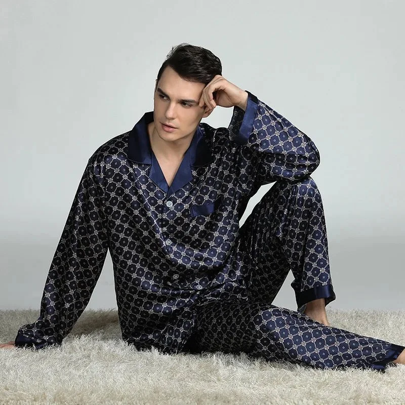 Pyjama-Set für Herren in Übergröße, 2-teilig, langärmelig, locker geschnitten, bedruckt, aus Seidensatin, Loungewear