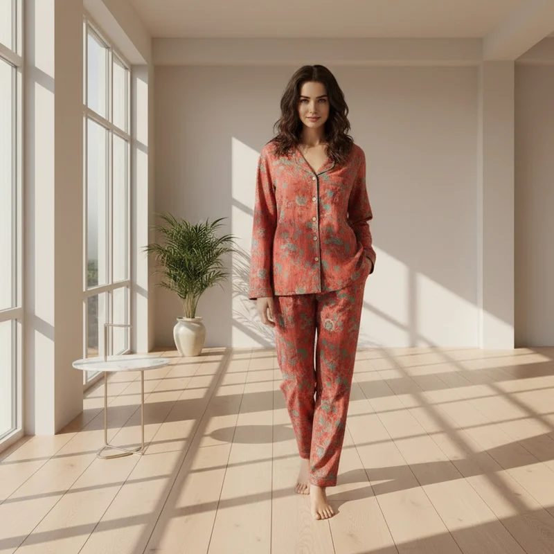 Damen-Baumwollpyjama-Set, garngefärbtes Jacquard-Muster, Vintage-Stil, lang, 2-teilig