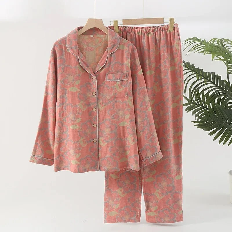 Damen-Baumwollpyjama-Set, garngefärbtes Jacquard-Muster, Vintage-Stil, lang, 2-teilig