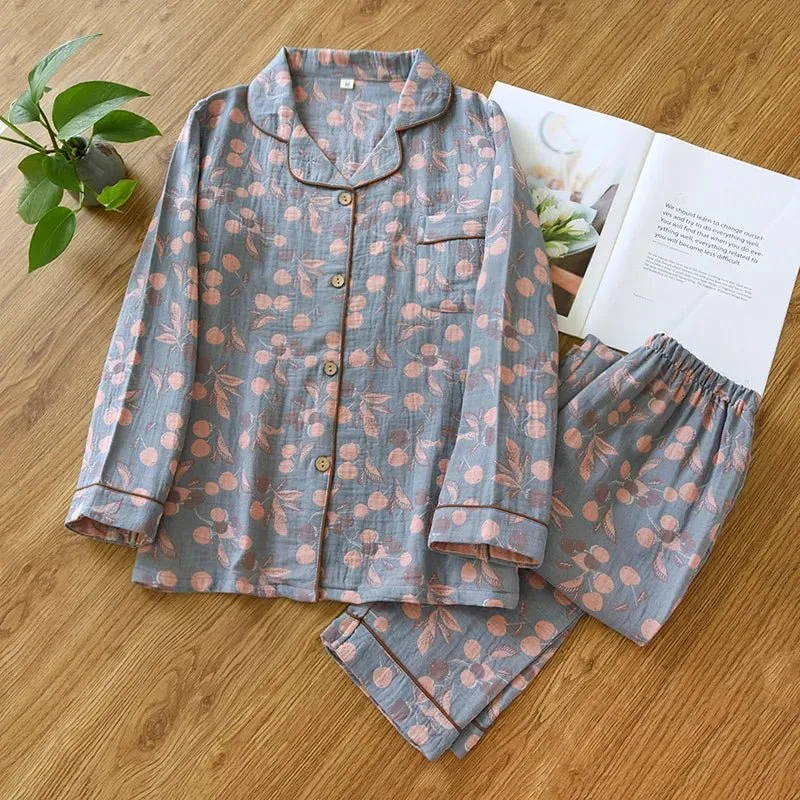 Damen-Baumwollpyjama-Set, garngefärbtes Jacquard-Muster, Vintage-Stil, lang, 2-teilig