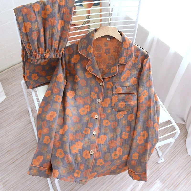 Damen-Baumwollpyjama-Set, garngefärbtes Jacquard-Muster, Vintage-Stil, lang, 2-teilig
