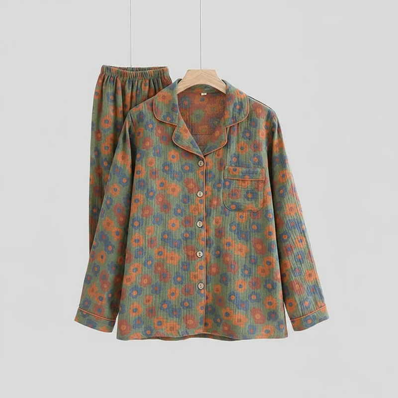 Damen-Baumwollpyjama-Set, garngefärbtes Jacquard-Muster, Vintage-Stil, lang, 2-teilig