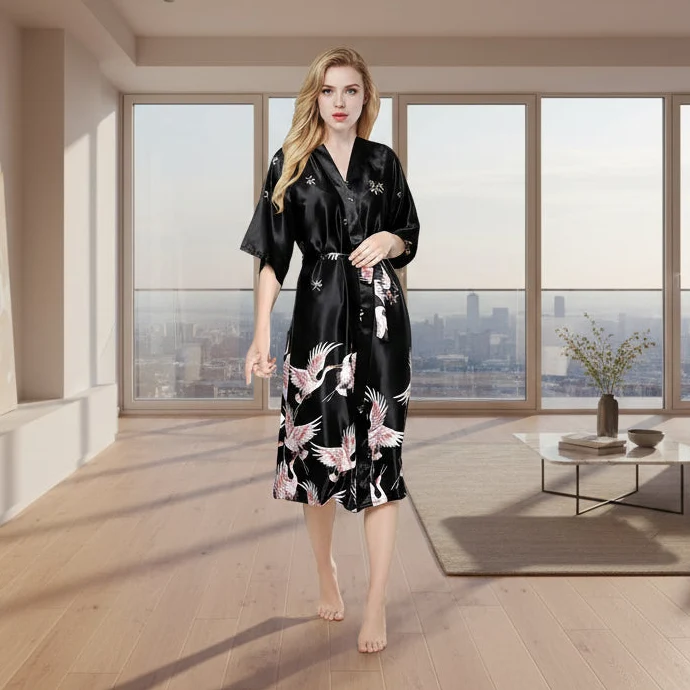 Schwarzer Satin-Kimono für Damen – Sexy Brautkleid mit Blumenmuster, Größen M-3XL