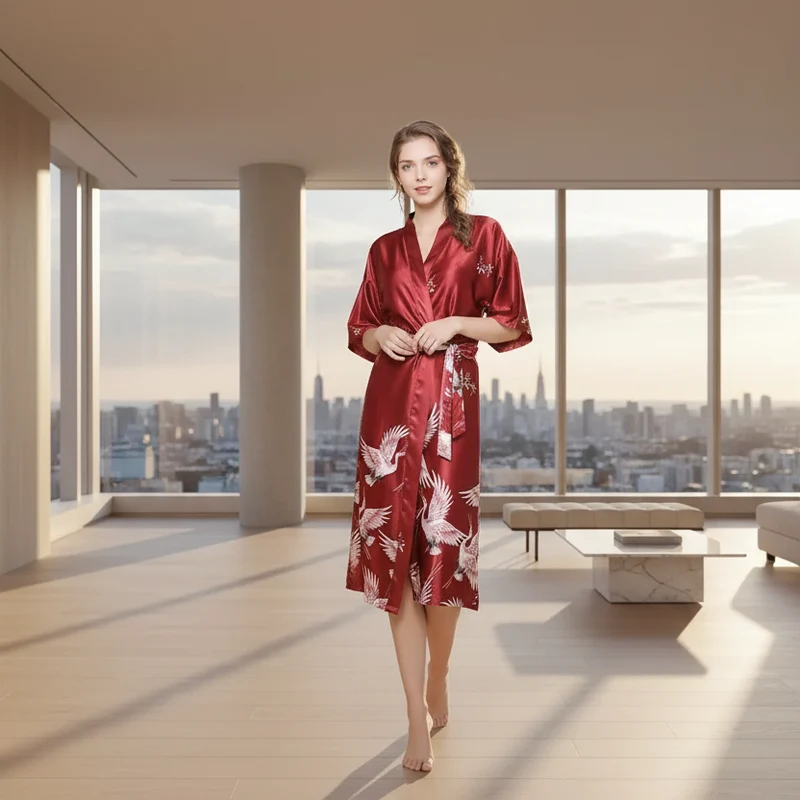 Schwarzer Satin-Kimono für Damen – Sexy Brautkleid mit Blumenmuster, Größen M-3XL