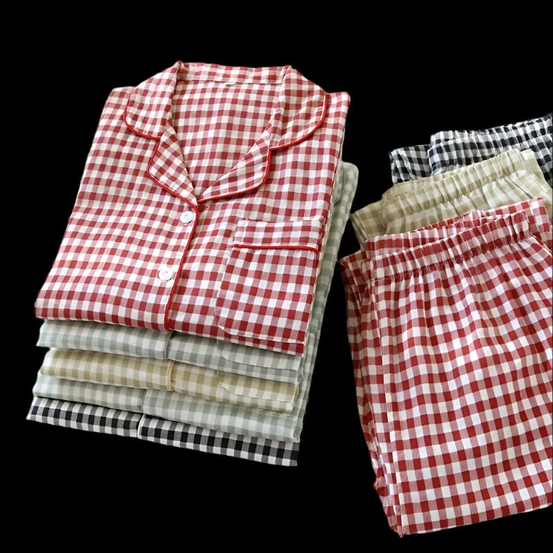 Japanischer karierter Baumwollpyjama für Paare – idealer Komfort für Frühling/Sommer