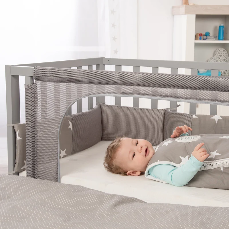 Room Bed "safe asleep®" – 60 x 120 cm, "Little Stars", Beistellbett inkl. Zubehör, taupe, lackiert