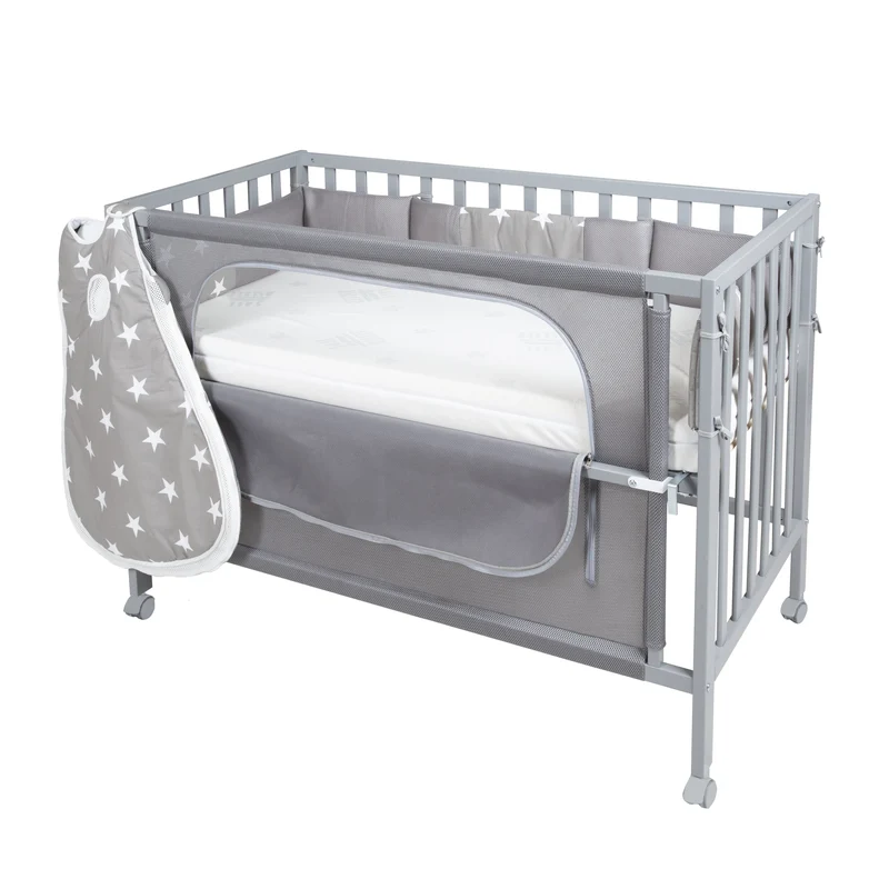 Room Bed "safe asleep®" – 60 x 120 cm, "Little Stars", Beistellbett inkl. Zubehör, taupe, lackiert