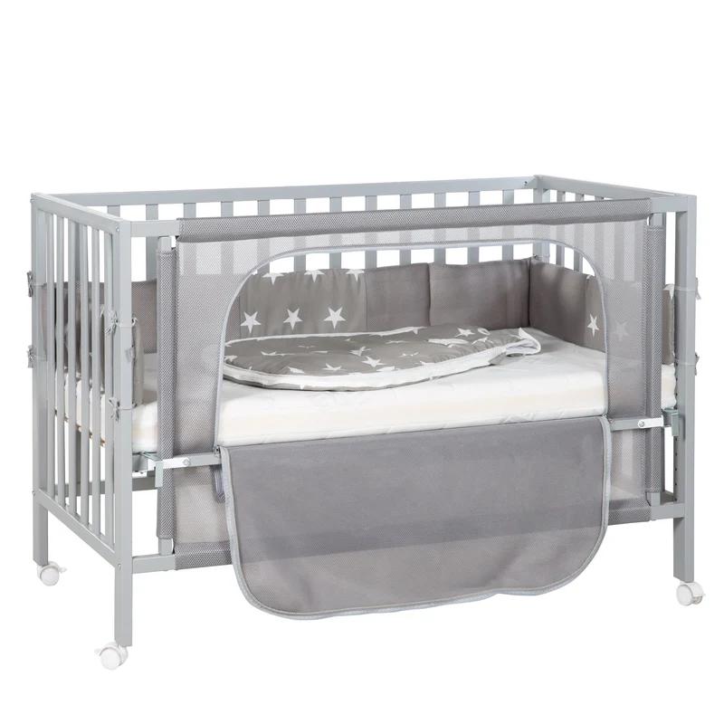 Room Bed "safe asleep®" – 60 x 120 cm, "Little Stars", Beistellbett inkl. Zubehör, taupe, lackiert