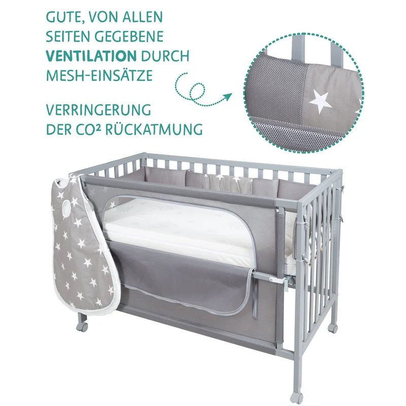 Room Bed "safe asleep®" – 60 x 120 cm, "Little Stars", Beistellbett inkl. Zubehör, taupe, lackiert