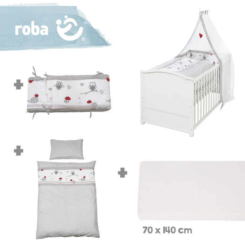 Komplettbettset "Adam & Eule" – 70 x 140 cm, umbaubar, inkl. Bettwäsche, Himmel, Nest & Matratze